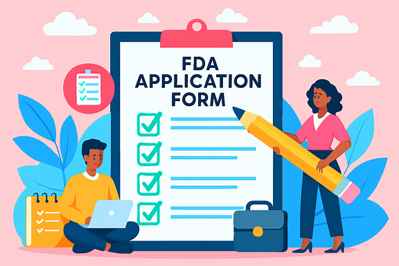 An image representing an FDA application form, featuring a formal document layout with FDA logo, checkboxes, text fields, and a pen or digital signature. Include subtle medical or pharmaceutical elements like pills, vials, or lab equipment to suggest regulatory context.