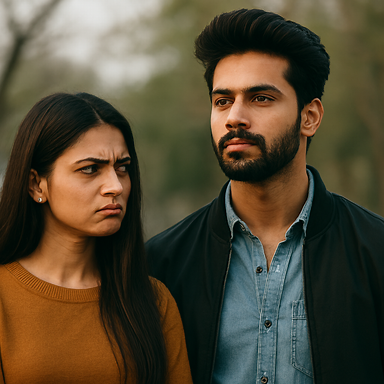 A fictional romantic portrait of Shivansh Singh Rathod and Shiya Bhardwaj. Shivansh is a tall, intense-looking man with sharp features, wearing a black kurta and watch, standing protectively beside Shiya. Shiya is a graceful young woman with expressive eyes, wearing a pastel pink salwar suit, her hair in soft waves. They are standing in a sunlit courtyard with marigold garlands in the background. Shivansh looks stoic but his eyes are soft when he glances at Shiya, while Shiya looks away with a hint of defiance, her arms crossed but her body leaning slightly toward him. The mood is emotionally charged—love hidden beneath tension.
