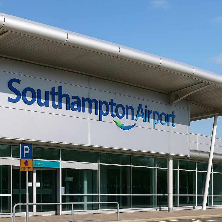 This may contain: an airport terminal with the sign for southampton airport on it's front door and windows