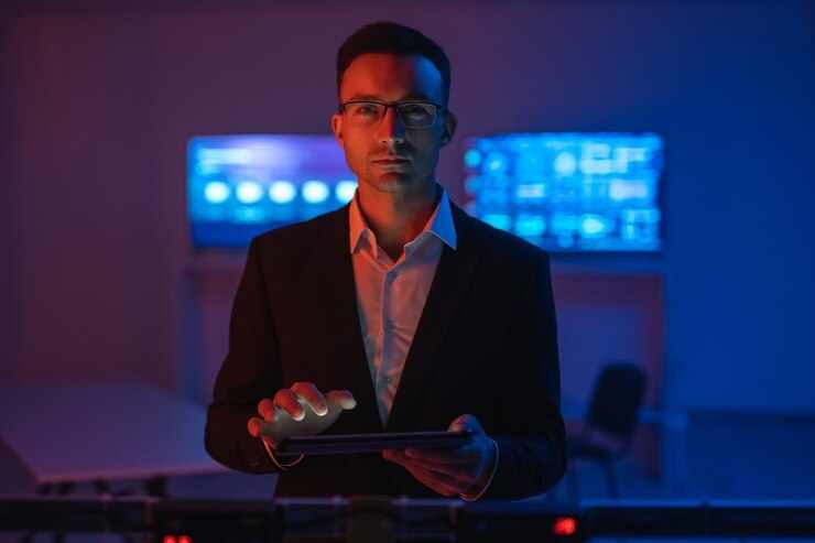 The man in glasses with a tablet working in a room with screens