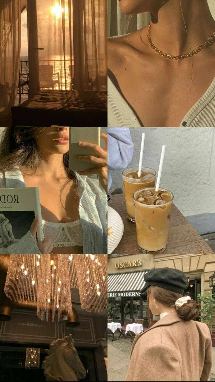 This may contain: a collage of photos with people and drinks in them, including the woman holding a cell phone