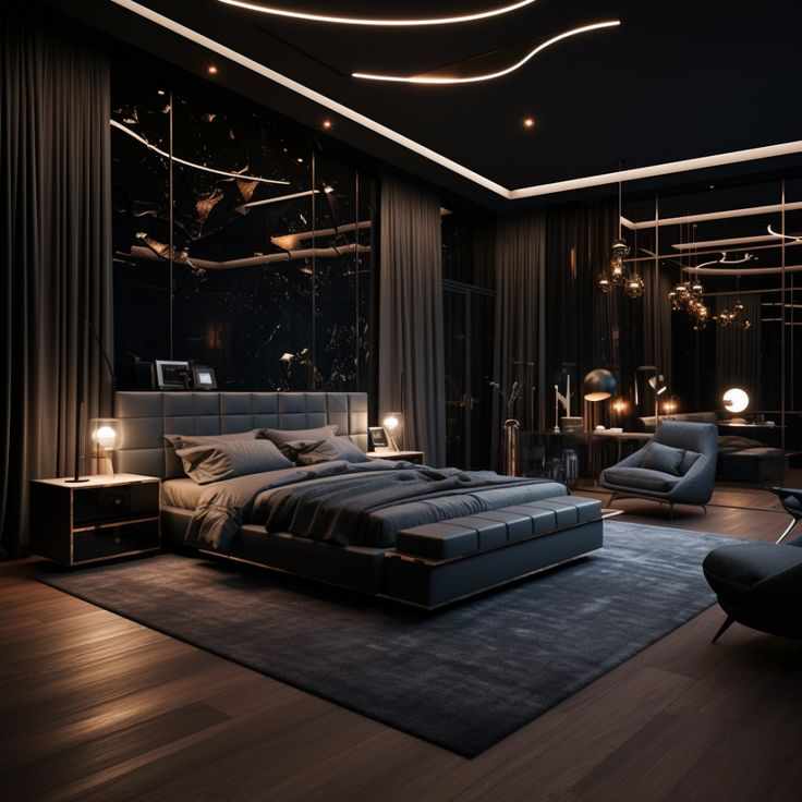 This may contain: a large bed sitting inside of a bedroom on top of a hard wood flooring