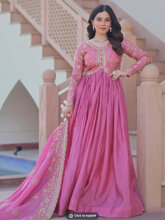 Mesmerizing Pink Organza Sequins Wedding Wear Gown With Dupatta