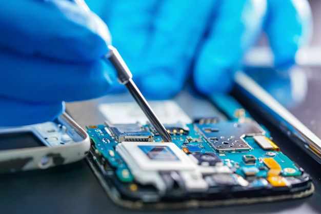 This may contain: a person in blue gloves is repairing a cell phone with a small screwdriver