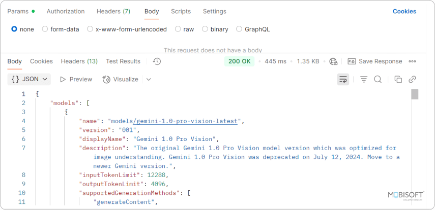 Gemini AI model list output in Java application