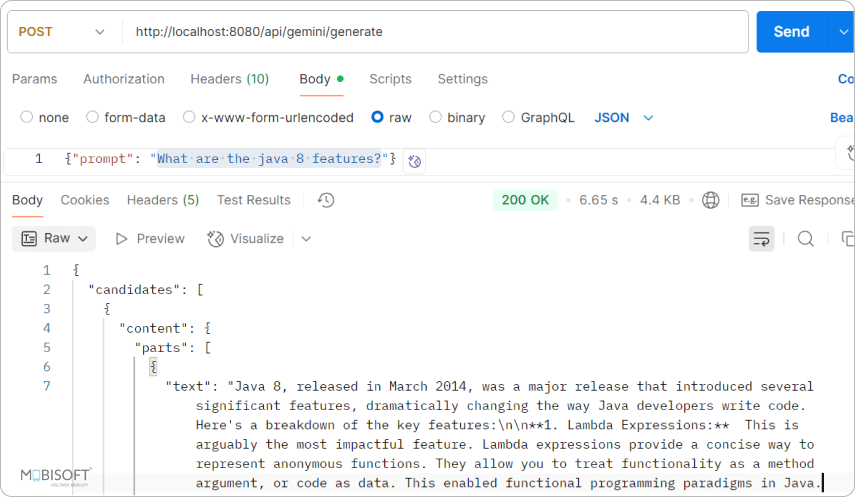 Gemini AI response to Java 8 features prompt