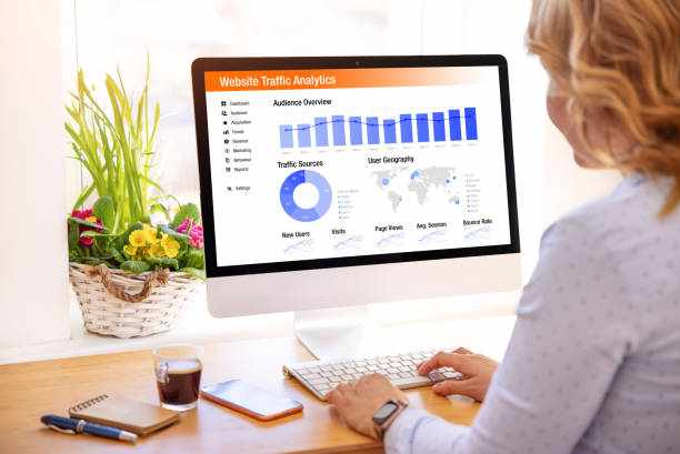 Woman looking at website traffic analytics data on computer Woman checking website traffic analytics data on computer Track What Works in seo stock pictures, royalty-free photos & images