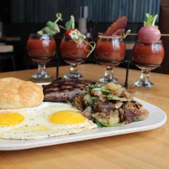 Fielding's Wood Grill - Steak and Eggs with a Bloody Mary Flight - New American Near Me - Shenandoah, Texas