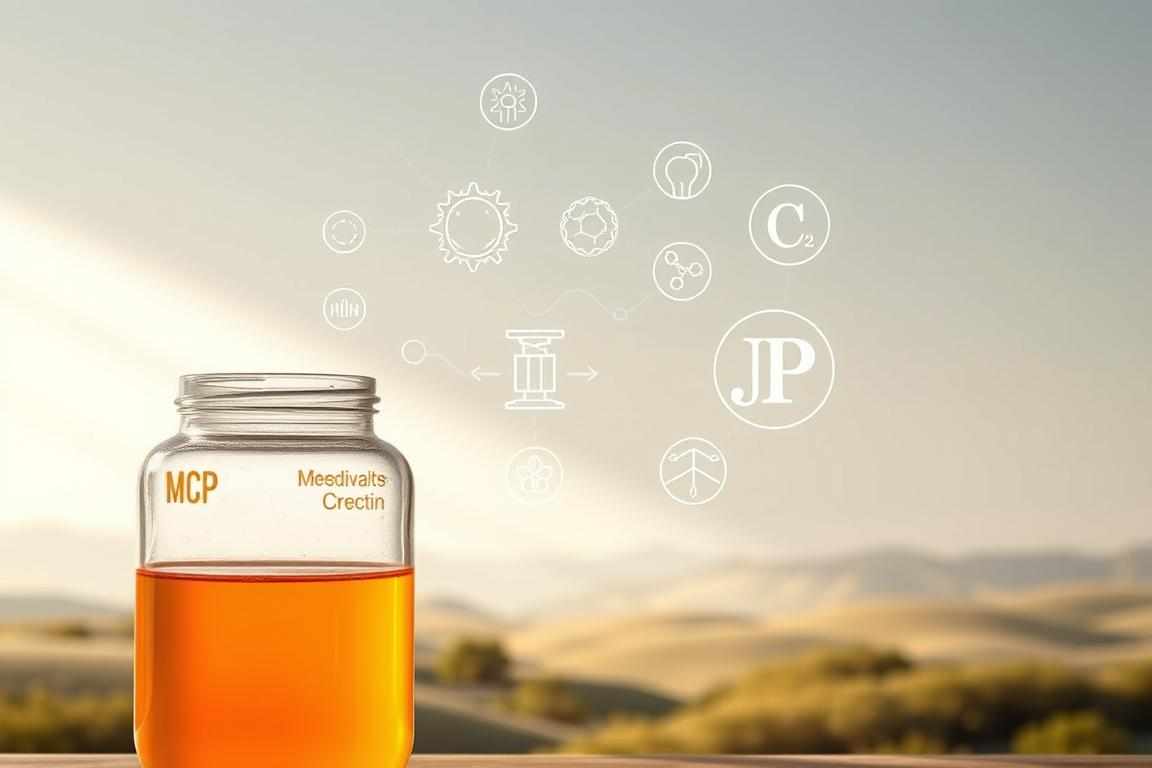 A high-resolution, photorealistic illustration of the potential health benefits of modified citrus pectin (MCP). The foreground features a transparent glass jar filled with a vibrant orange liquid, symbolizing the extract of MCP. In the middle ground, a series of scientific icons and symbols float, representing the various mechanisms by which MCP may support bodily functions, such as immune system regulation, heavy metal detoxification, and cellular health. The background depicts a serene, minimalist landscape with soft lighting, hinting at the natural origins and purity of the MCP compound. The overall composition conveys a sense of scientific credibility, natural wellness, and the holistic advantages of incorporating MCP into one's health regimen.