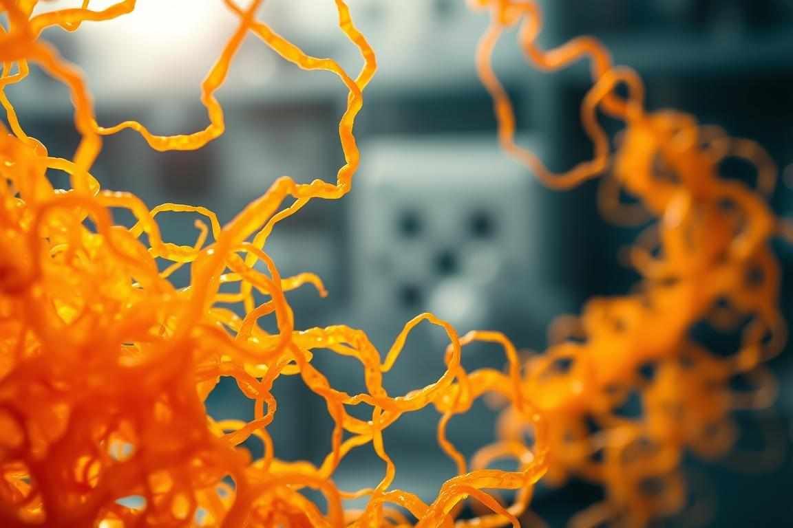 A close-up view of citrus pectin undergoing a complex chemical transformation. In the foreground, intricate molecular structures twist and reform, their vibrant orange hues illuminated by a soft, diffused lighting. The middle ground reveals a microscopic landscape of tangled fibers and interconnected networks, suggesting the dynamic nature of this biopolymer. In the background, a blurred, ethereal backdrop evokes the laboratory setting, where the process of modifying citrus pectin takes place. Captured with a macro lens, the image conveys a sense of scientific wonder and the beauty inherent in the fundamental building blocks of life.