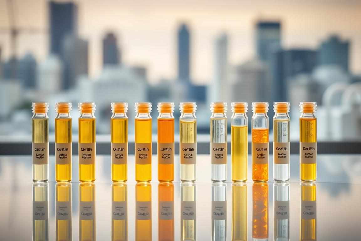A sleek, well-lit tabletop display showcasing various samples of modified citrus pectin in transparent glass vials. The pectin samples are arranged neatly, allowing for clear visual comparison of their color, texture, and viscosity. The lighting is soft and diffused, creating an elegant, scientific atmosphere. The vials are placed on a reflective surface, producing a subtle mirroring effect. In the background, a blurred cityscape or laboratory setting provides a subtle contextual cue. The overall composition emphasizes the subtle differences and nuances between the pectin samples, inviting the viewer to closely examine and compare the various modified forms.
