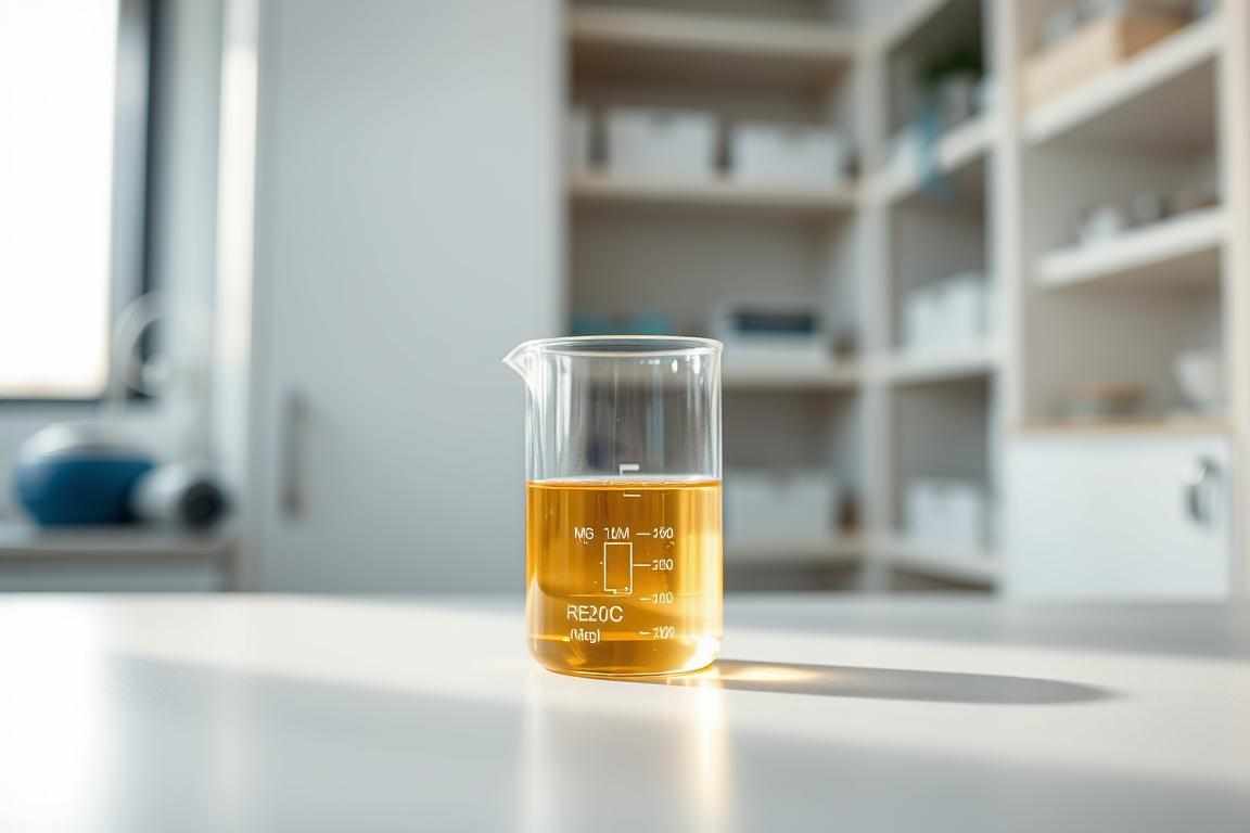 A glass laboratory beaker filled with a transparent, golden-hued liquid supplement formulation, resting on a clean, white surface. The lighting is soft, creating a warm and inviting atmosphere. The formulation appears pure and uncontaminated, with no visible particles or impurities. The beaker is positioned in the foreground, with a blurred background of clinical-style shelves or cabinets, suggesting a professional, laboratory-like setting. The composition emphasizes the purity and quality of the supplement, reflecting the "clean formulation" concept.