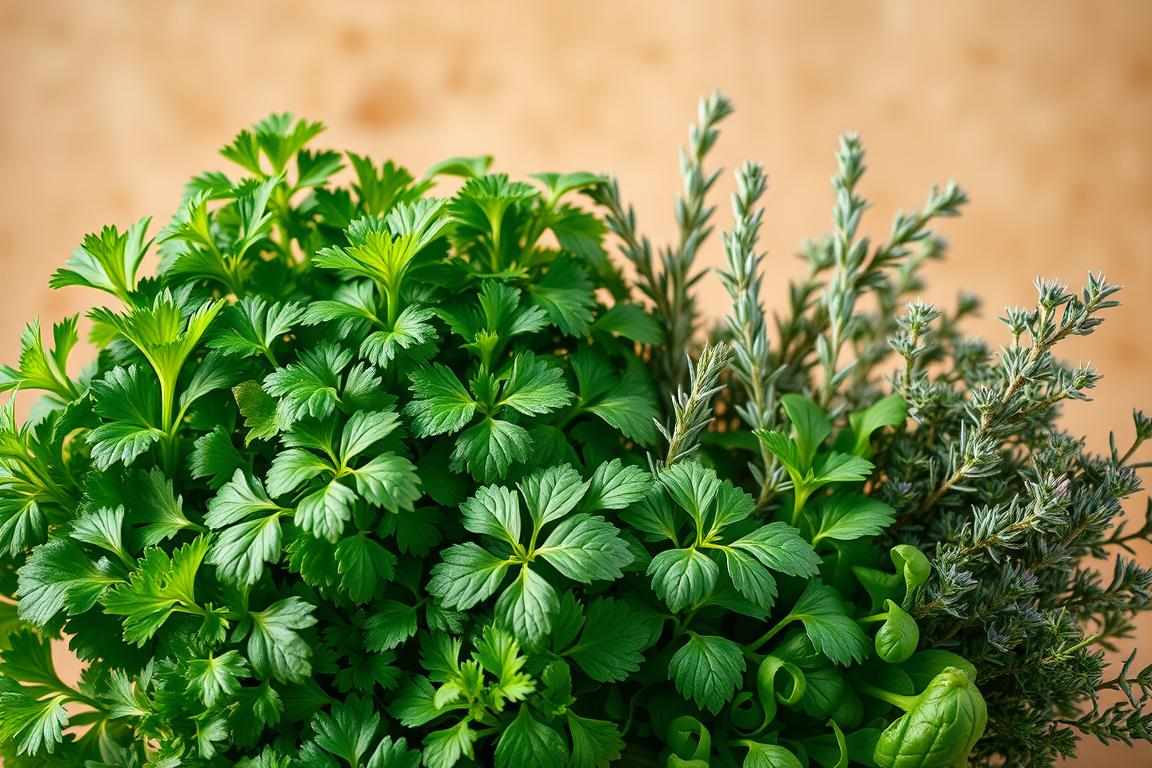 A lush, vibrant composition showcasing an assortment of antioxidant-rich herbs against a warm, earthy background. In the foreground, a bouquet of fresh cilantro, parsley, and basil plants, their verdant leaves glistening under soft, natural lighting. In the middle ground, sprigs of rosemary, thyme, and oregano, their delicate textures and colors creating a harmonious tapestry. The background features a neutral, textured surface, perhaps a wooden table or earthy backdrop, providing a grounded, organic setting. The overall mood is one of vitality, health, and the nourishing power of these antioxidant-supporting herbs.