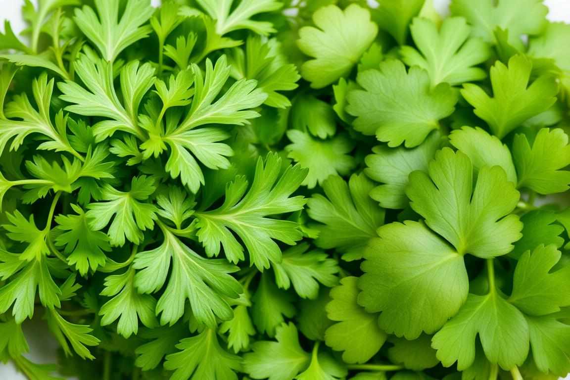 Detailed close-up shot of fresh cilantro and coriander leaves, showcasing their distinct visual differences. Crisp, natural lighting illuminates the vibrant green hues and delicate textures of each herb. The cilantro leaves have a more feathery, fan-like appearance, while the coriander leaves are rounder and more serrated. The arrangement highlights their contrasting shapes and sizes, allowing a clear side-by-side comparison. A simple, uncluttered backdrop emphasizes the botanical subject and invites the viewer to closely observe the nuanced distinctions between these two related but visually unique culinary herbs.