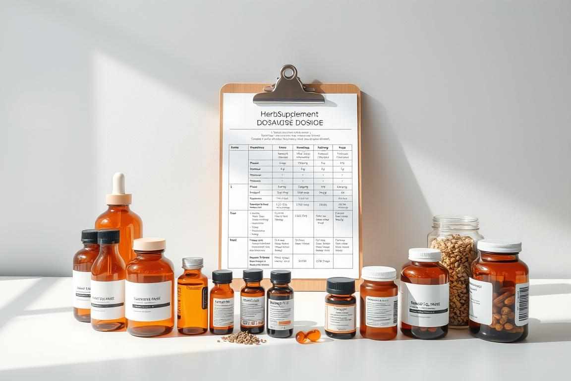 A detailed, minimalist herbal supplement dosage guide. In the foreground, a clean white table showcases a series of amber glass bottles and jars filled with various herbal extracts, their labels prominently displayed. The middle ground features a sleek, modern wooden clipboard with a well-organized chart outlining dosage instructions and supplement facts. The background is a simple, diffused gray that keeps the focus on the key elements. Soft, natural lighting casts gentle shadows, creating a sense of depth and professionalism. The overall mood is informative, approachable, and visually engaging.