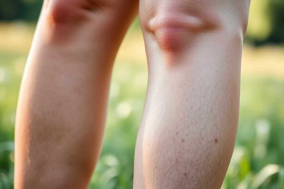 Detailed close-up of healthy human legs with visible varicose veins, set against a natural background. The veins have a distinct blue-green hue and appear twisted and swollen, but the skin around them looks smooth and unblemished. Soft, diffused natural lighting illuminates the scene, creating a sense of calm and wellness. The composition emphasizes the legs in the foreground, with the background blurred but suggesting a serene outdoor environment, such as a meadow or forest. The overall mood is one of natural healing and alternative therapies for circulatory issues.