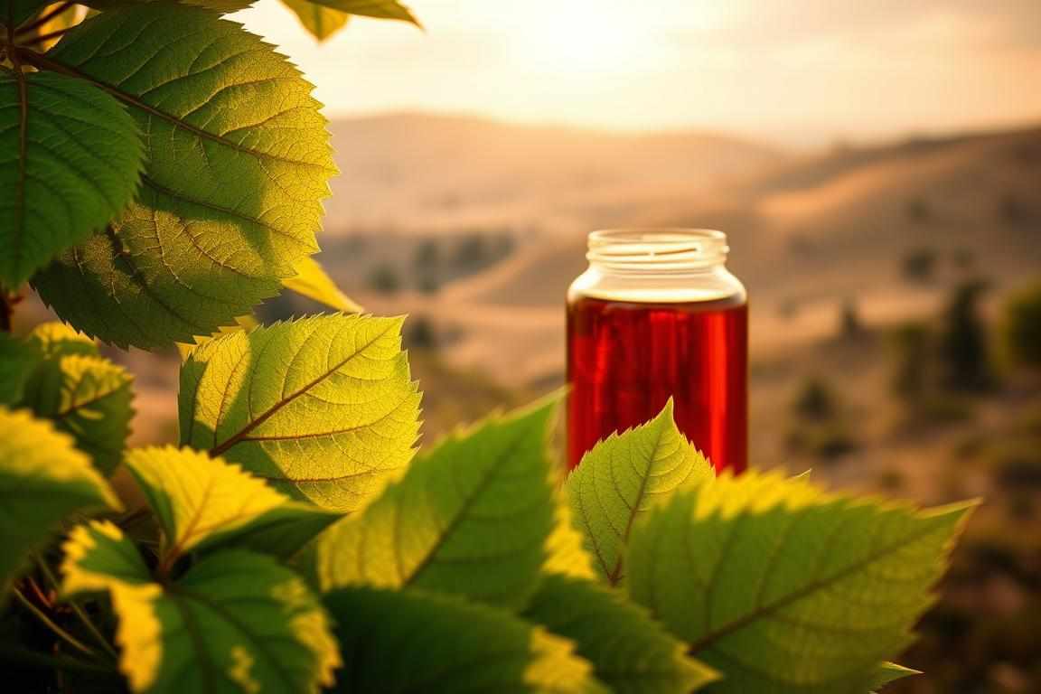 A vibrant, high-resolution digital painting depicting a natural anti-inflammatory remedy. In the foreground, lush green leaves of horse chestnut plant, their veiny textures illuminated by warm, diffused natural lighting. In the middle ground, a glass jar filled with a rich amber-colored liquid extract, refracted light creating a mesmerizing, translucent effect. The background is a serene, earthy-toned landscape, with rolling hills and a peaceful, overcast sky, suggesting a sense of tranquility and wellness. The overall composition conveys the potent anti-inflammatory and antioxidant benefits of this natural remedy, using a cinematic, almost medicinal aesthetic.