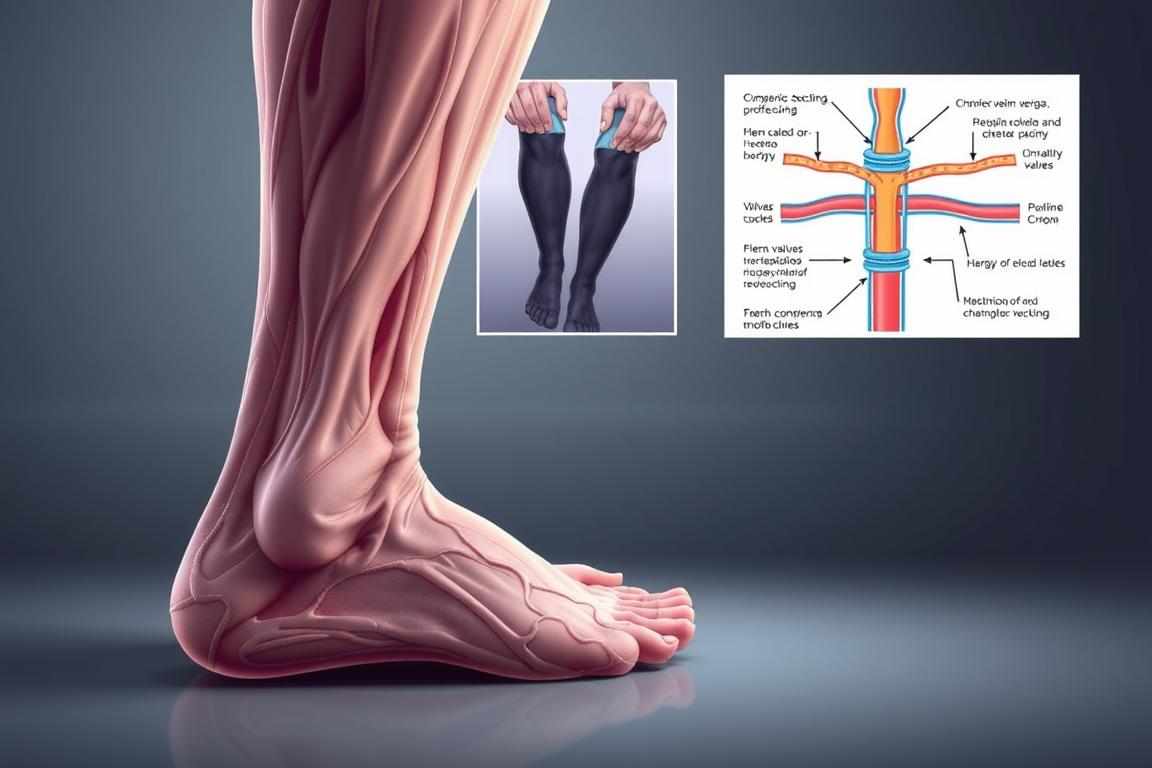 A detailed medical illustration showcasing the treatment of chronic venous insufficiency. In the foreground, a cross-sectional view of a leg reveals the swollen, tortuous veins characteristic of the condition. In the middle ground, an inset image depicts the application of compression stockings, a common non-invasive therapy. The background features a schematic diagram of the circulatory system, highlighting the role of the valves within the veins. The lighting is soft and clinical, with a muted color palette emphasizing the seriousness of the medical topic. The overall composition conveys a sense of scientific understanding and the potential for effective treatment.