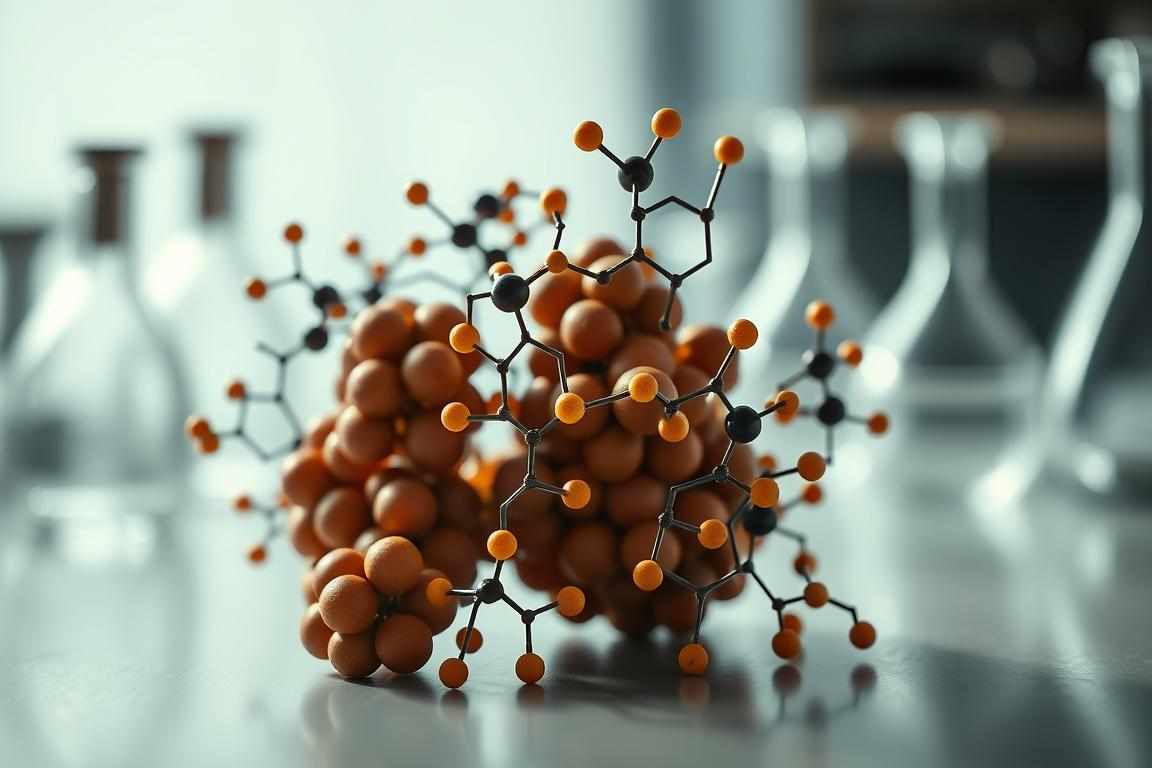An elegantly arranged set of aesculus hippocastanum compounds, capturing the complex molecular structures that contribute to the therapeutic potential of horse chestnut extract. In the foreground, a detailed visualization of saponins, flavonoids, and triterpenoids, illuminated by soft, directional lighting that accentuates their intricate geometries. In the middle ground, a subtle backdrop of scientific glassware and laboratory equipment, hinting at the research and analysis that has unlocked the secrets of this natural remedy. The overall composition conveys a sense of scientific rigor and the depth of understanding surrounding the bioactive components of aesculus hippocastanum, set against a muted, professional tone befitting the subject matter.