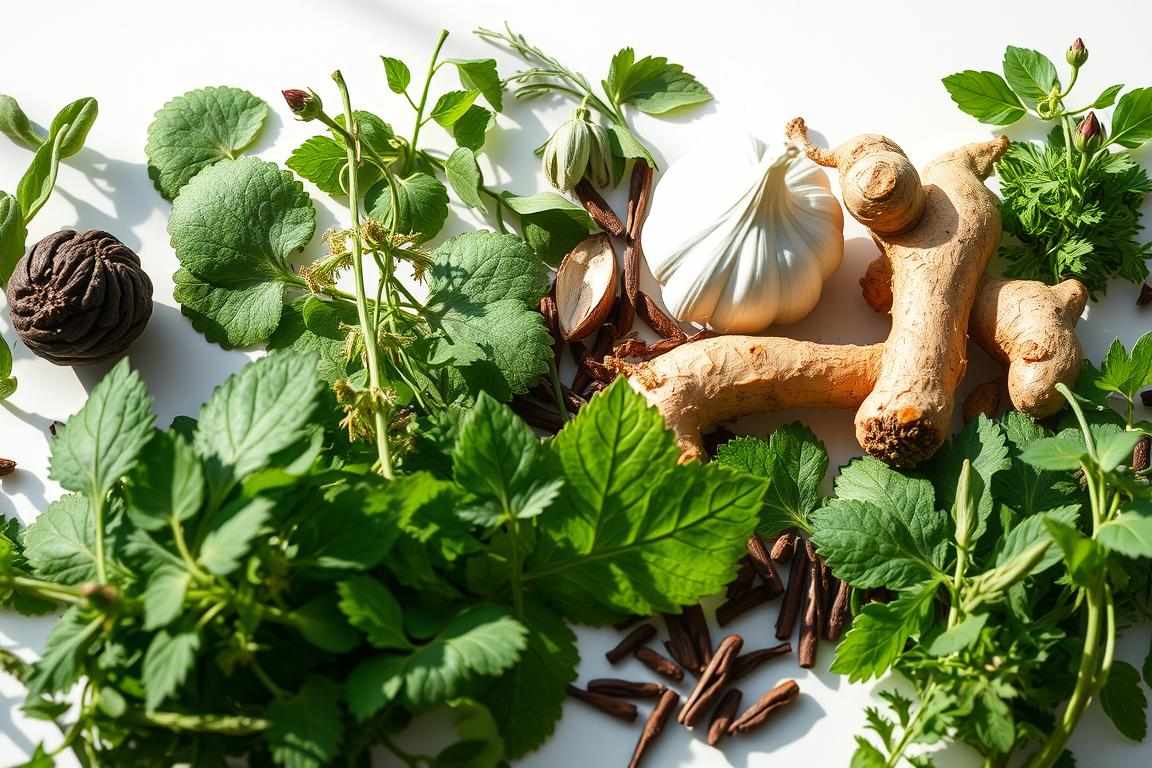 A vibrant and detailed close-up photograph of an assortment of fresh, organic herbs commonly used in natural parasite cleanse remedies. The herbs are arranged on a clean, white background, illuminated by soft, natural lighting from the side, casting subtle shadows and highlighting the intricate textures and colors of the leaves, stems, and blossoms. The foreground features a variety of herbs such as wormwood, black walnut, and cloves, while the middle ground includes complementary herbs like garlic, ginger, and turmeric. The background maintains a clean, minimalist aesthetic to maintain focus on the medicinal herbs. The overall mood is one of scientific study and natural wellness, conveying the efficacy of these botanicals for supporting a healthy parasite cleanse.