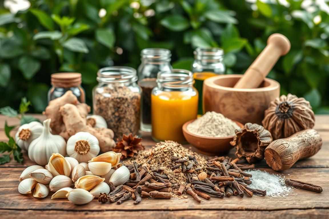 A still life composition showcasing an assortment of natural herbal ingredients for a parasite cleanse. In the foreground, neatly arranged on a wooden surface, are various whole herbs and spices, such as garlic cloves, ginger root, black walnut hulls, and cloves. In the middle ground, glass jars filled with powdered herbs and tinctures sit alongside a mortar and pestle. The background features lush, verdant foliage, creating a soothing, earthy atmosphere. The lighting is soft and natural, highlighting the vibrant colors and textures of the ingredients. The overall scene conveys a sense of wellness, purity, and the restorative power of nature.