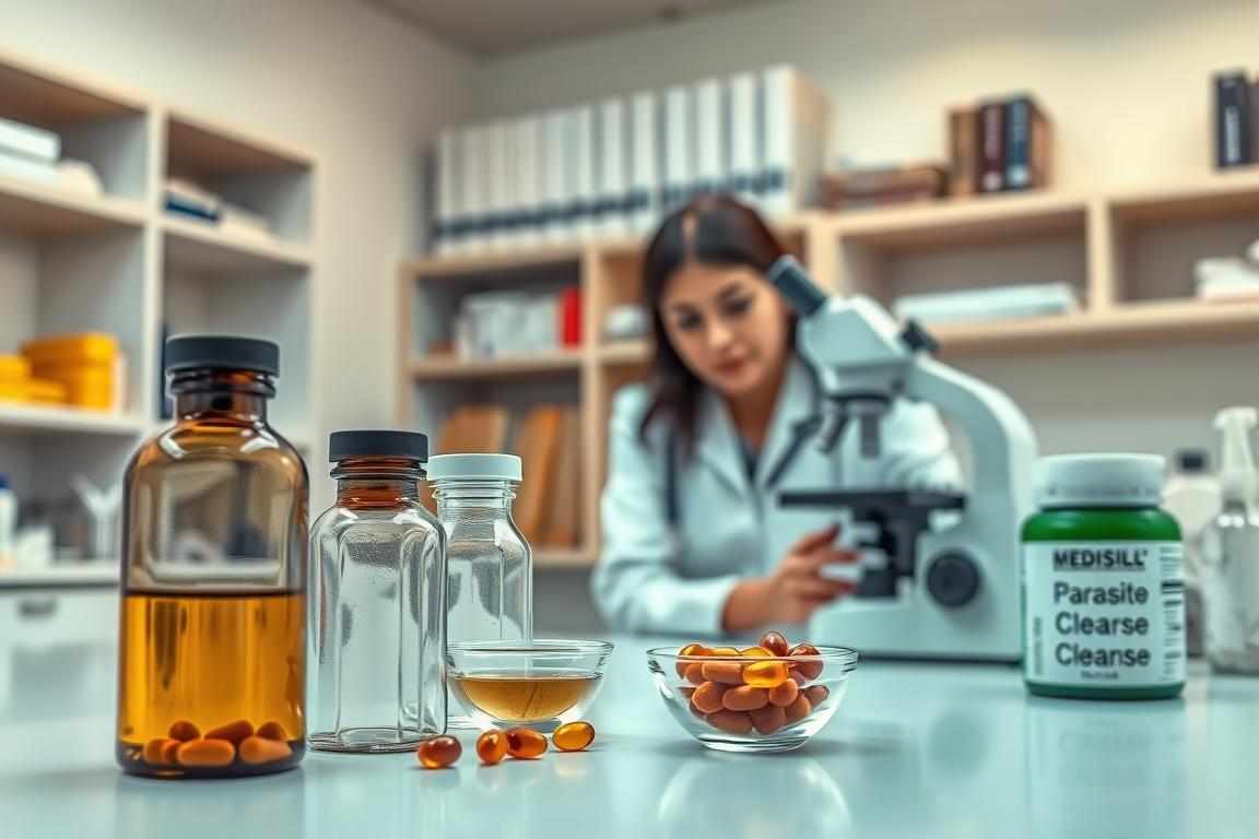 A well-lit, modern medical laboratory setting with clean, sterile surfaces. In the foreground, a set of medical instruments and supplements related to a parasite cleanse, including a glass bottle, capsules, and a small bowl. The middle ground features a holistic health practitioner examining a microscope slide, with a thoughtful, focused expression. The background showcases shelves of medical references and equipment, conveying a sense of professionalism and expertise. The overall atmosphere is one of safety, care, and evidence-based natural remedies.