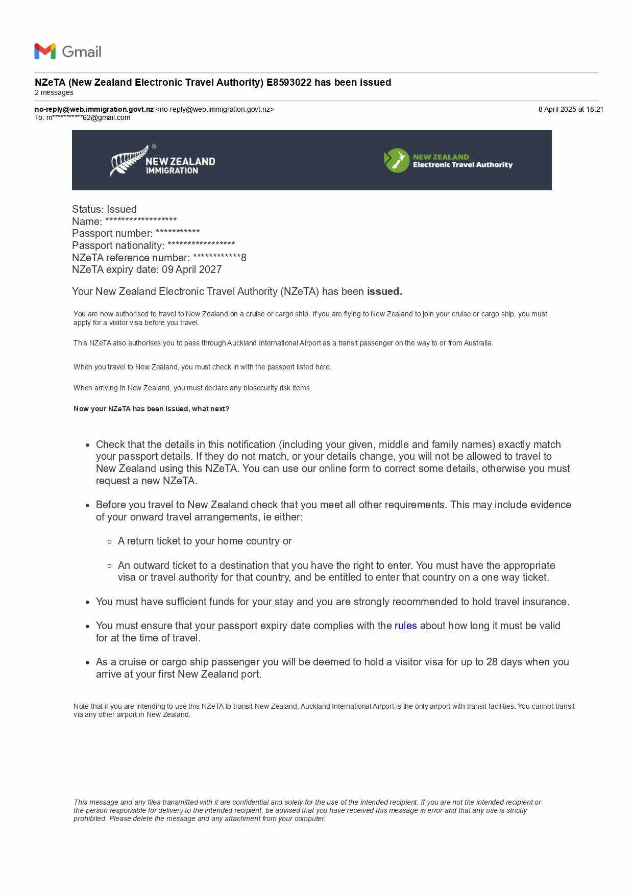 Approved NZ ETA Email