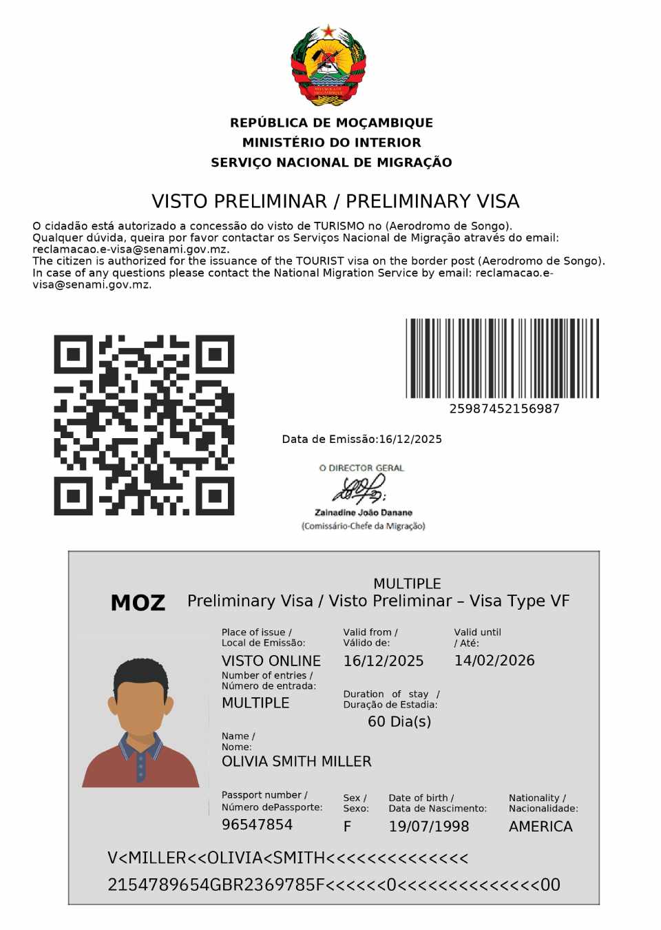 Mozambique eVisa Approval Document