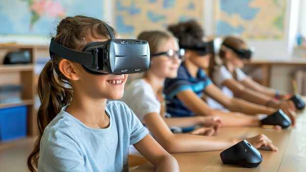a group of children are using virtual reality headsets in a classroom setting