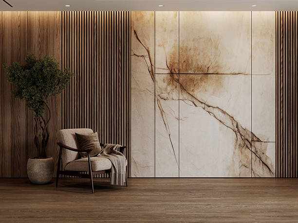 Contemporary interior with armchair, potted plant, wall wood panels and parquet floor. 3d render illustration mockup. Contemporary interior with armchair, potted plant, wall wood panels and parquet floor. 3d render illustration mockup. interior designer stock pictures, royalty-free photos & images