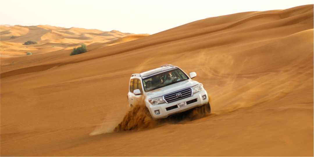 Evening Desert Safari Tour: Dune Bashing, Camel Ride, BBQ Dinner + FREE Pickup & Drop